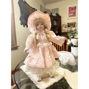 Dynasty Doll Collection Porcelain Doll Blonde Hair Pink Lace Dress 18‎ Inch